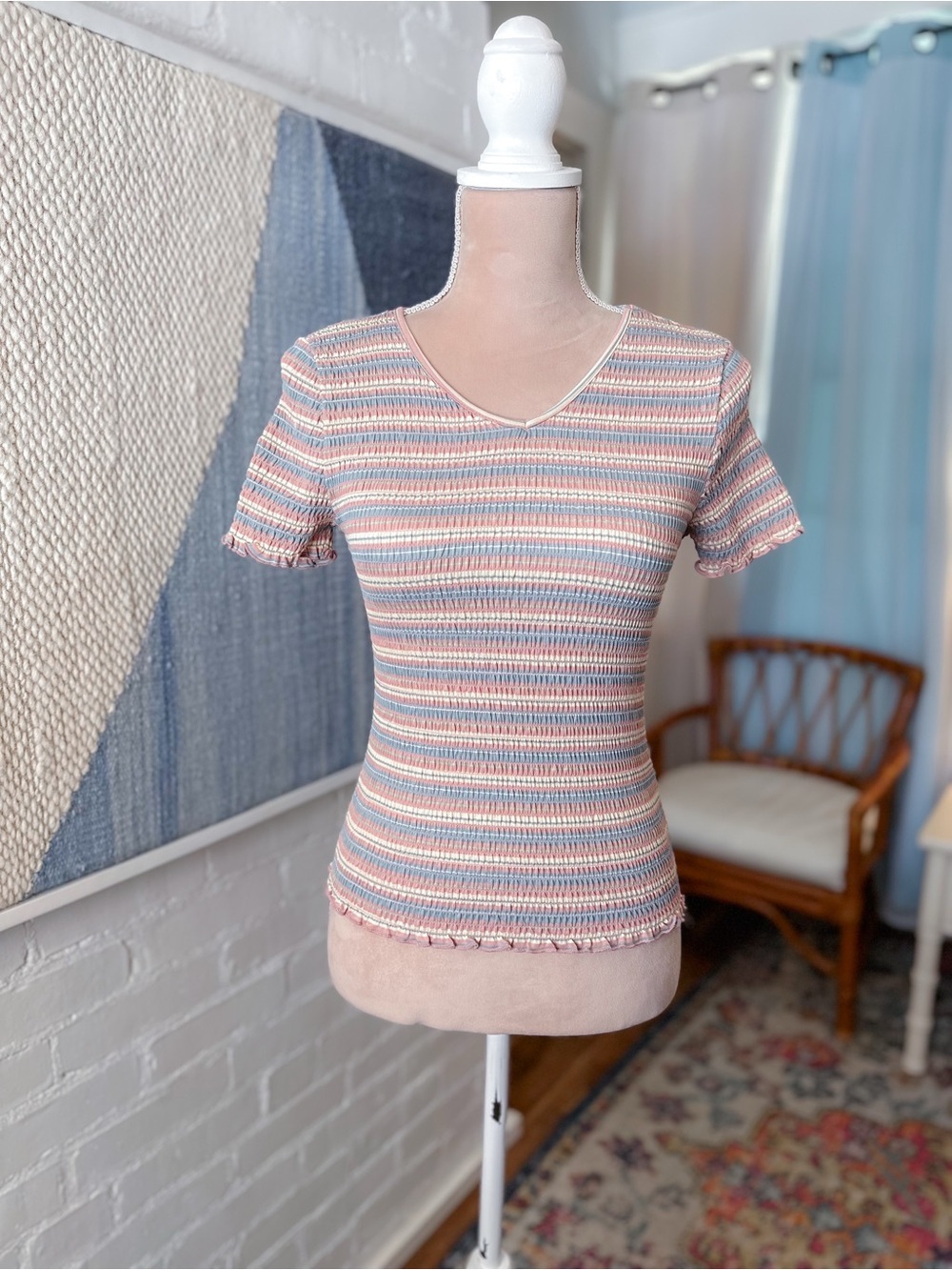 Art Class Smocked Soft Blue and Rose Striped Top